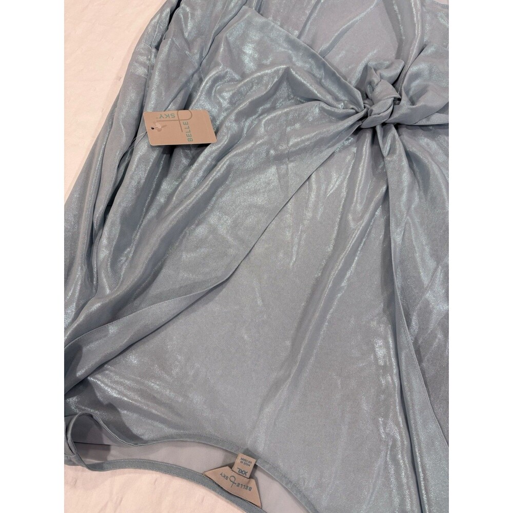 NWT Belle Sky Blue Metallic Tie Front Blouse XXL Shimmery Top - Picture 8 of 13
